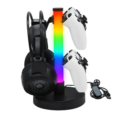 RGB Gaming Headset and Controller Stand with LED Lights – Multi-Functional USB Headphone & Gamepad Holder